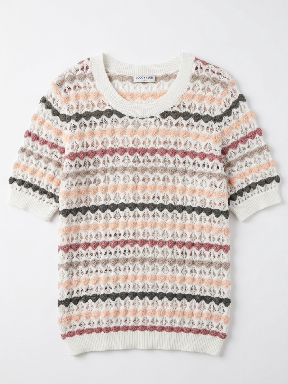 White Eyelet Stripe Short-Sleeve Sweater